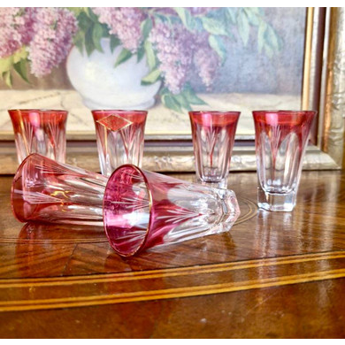ВИНТАЖНЫЙ НАБОР ИЗ 6-ТИ СТОПОК (SHOOTERS GLASS, DOUBLE) ИЗ ЦВЕТНОГО ДЕКОРИРОВАННОГО СТЕКЛА, В КОРОБКЕ, DECOR CRISTAL, ИТАЛИЯ